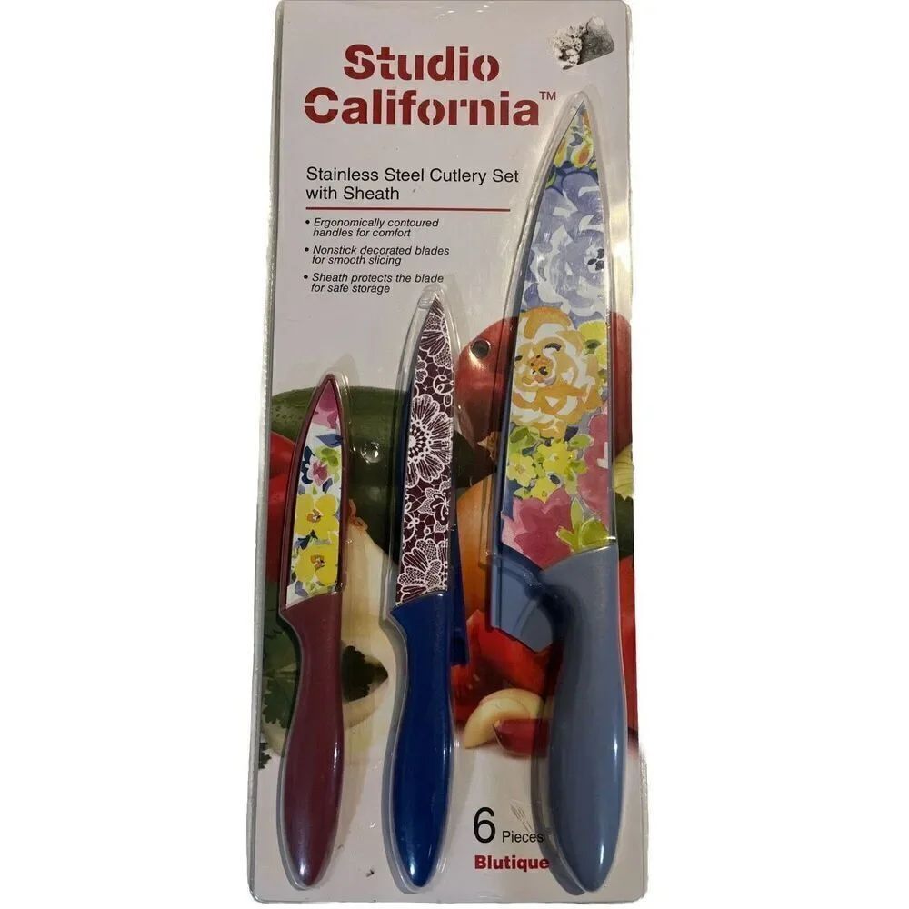 STUDIO CALIFORNIA 3 Piece STAINLESS STEEL DECORATED BLADES CUTLERY SET W/ SHEATH